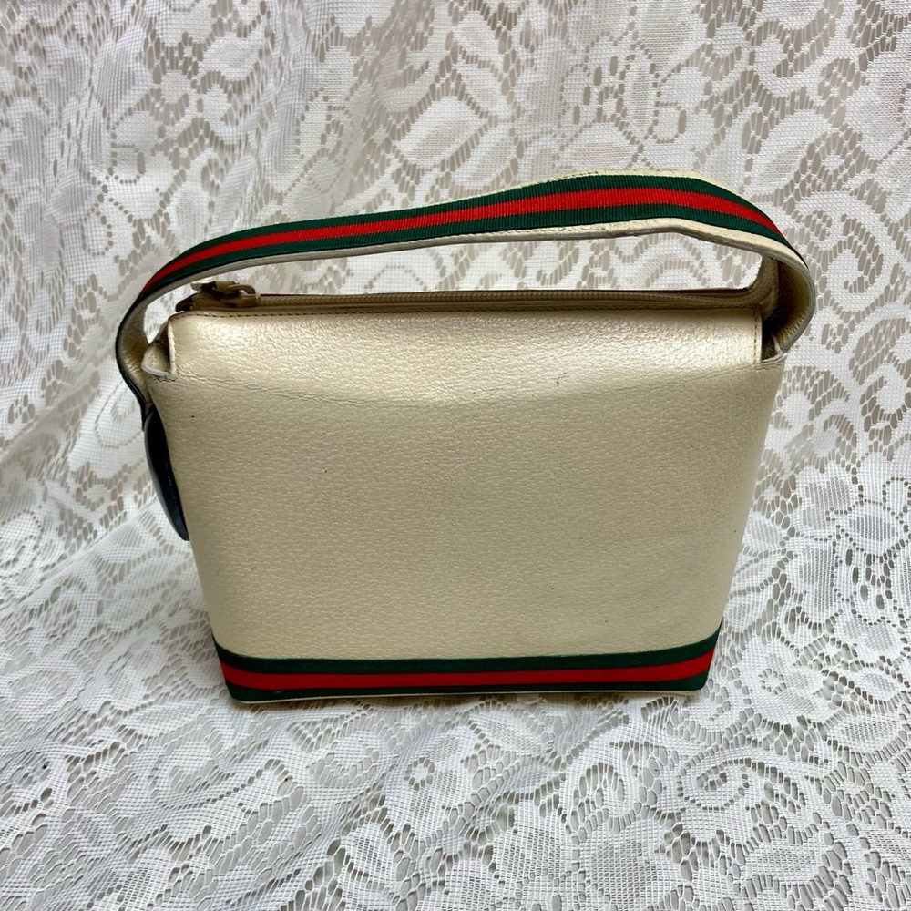 Vintage, Gucci, Small Cream Leather w/ Sherry Line Strap Handbag 9in x 6in x 3in - Picture 5 of 11